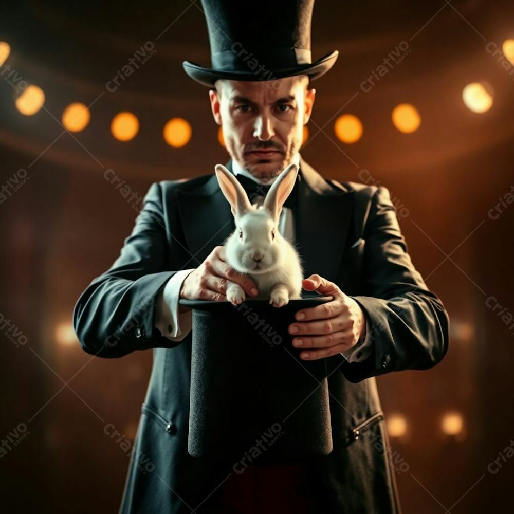 High Resolution Stock Photo, Commercial Quality A Man In A Magician&#39;S Outfit Pulls A Rabbit From A Top Hat. Intense Dramatic Lighting, Lens Glow, Modern Future Grand Epic Scene, Heroic Elements, High Contrast