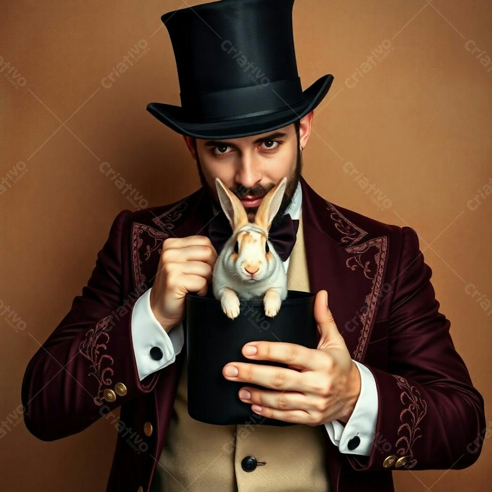 High Resolution Stock Photo, Commercial Quality A Man In A Magician&#39;S Outfit Pulls A Rabbit From A Top Hat. Natural Earth Tones, Artistic Lighting, Abstract Patterns, Browns, Beiges, Muted Colors