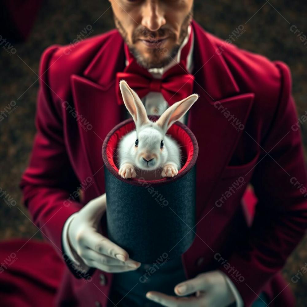 High Resolution Stock Photo, Commercial Quality A Man In A Magician&#39;S Outfit Pulls A Rabbit From A Top Hat. Rich Burgundy And Deep Blue, High Angle Perspective, Sophisticated And Elegant