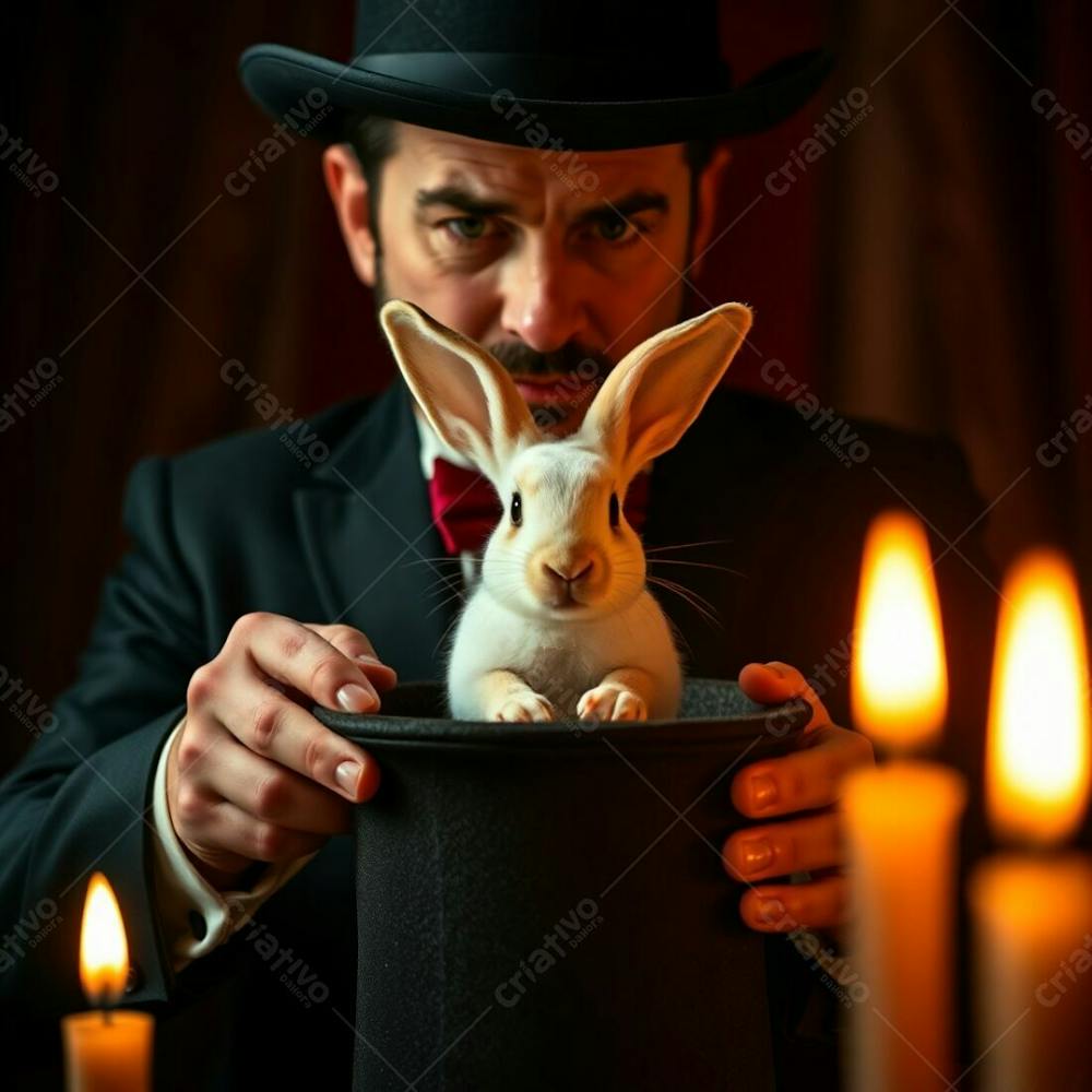 High Resolution Stock Photo, Commercial Quality A Man In A Magician&#39;S Outfit Pulls A Rabbit From A Top Hat. Warm Candle Lights, Extreme Macro Close Up, Small Subject Detail, Flickering Flames, Warm Glow