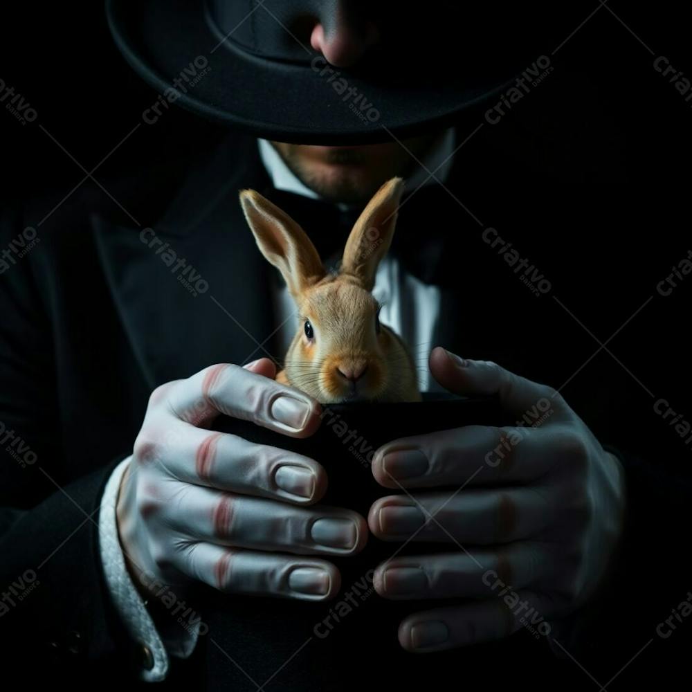 High Resolution Stock Photo, Extreme Macro Close Up, A Man In A Magician&#39;S Outfit Pulling A Rabbit From A Top Hat, Intense Jet Black, Pure Black, Deep Shadows, Small Subject Detail, Artistic Lighting, Abstract Patterns, Commercia