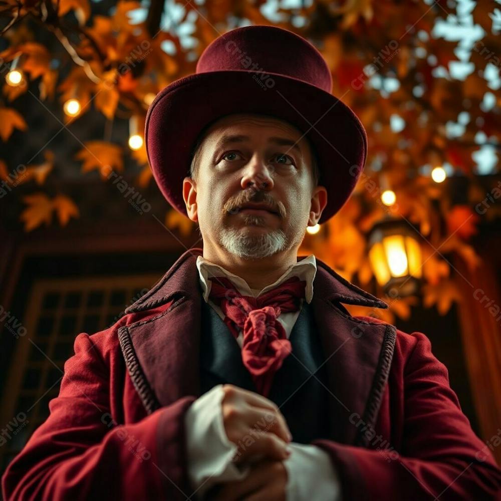 High Resolution Stock Photo, Low Angle, Warm Autumn Colors, A Man In A Magician&#39;S Outfit, Earthy And Cozy Aesthetic, Dramatic Lighting, Commercial Quality, Professional Look