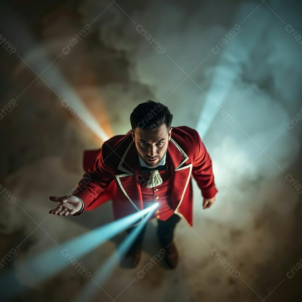 High Resolution Stock Photo, Overhead Bird&#39;S Eye View, Volumetric Lighting, A Man In A Magician&#39;S Outfit, Top Down Perspective, Visible Light Beams Through Dust Or Fog, Commercial Quality, Professional Look