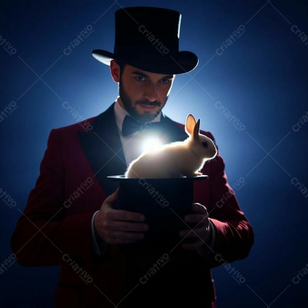 High Resolution Stock Photo, Silhouetted Man In A Magician&#39;S Outfit Pulling A Rabbit From A Top Hat, Backlighting, Rich Burgundy And Deep Blue, Sophisticated And Elegant, Light Source Behind Subject, Commercial, Professional Qual