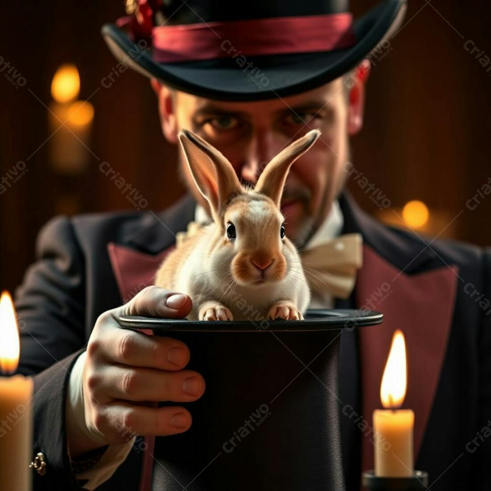 High Resolution Stock Photo, Tight Close Up Of A Man In A Magician&#39;S Outfit Pulling A Rabbit From A Top Hat, Warm Candlelight, Detailed Focus, Flickering Flames, Warm Glow, Commercial, Professional Quality