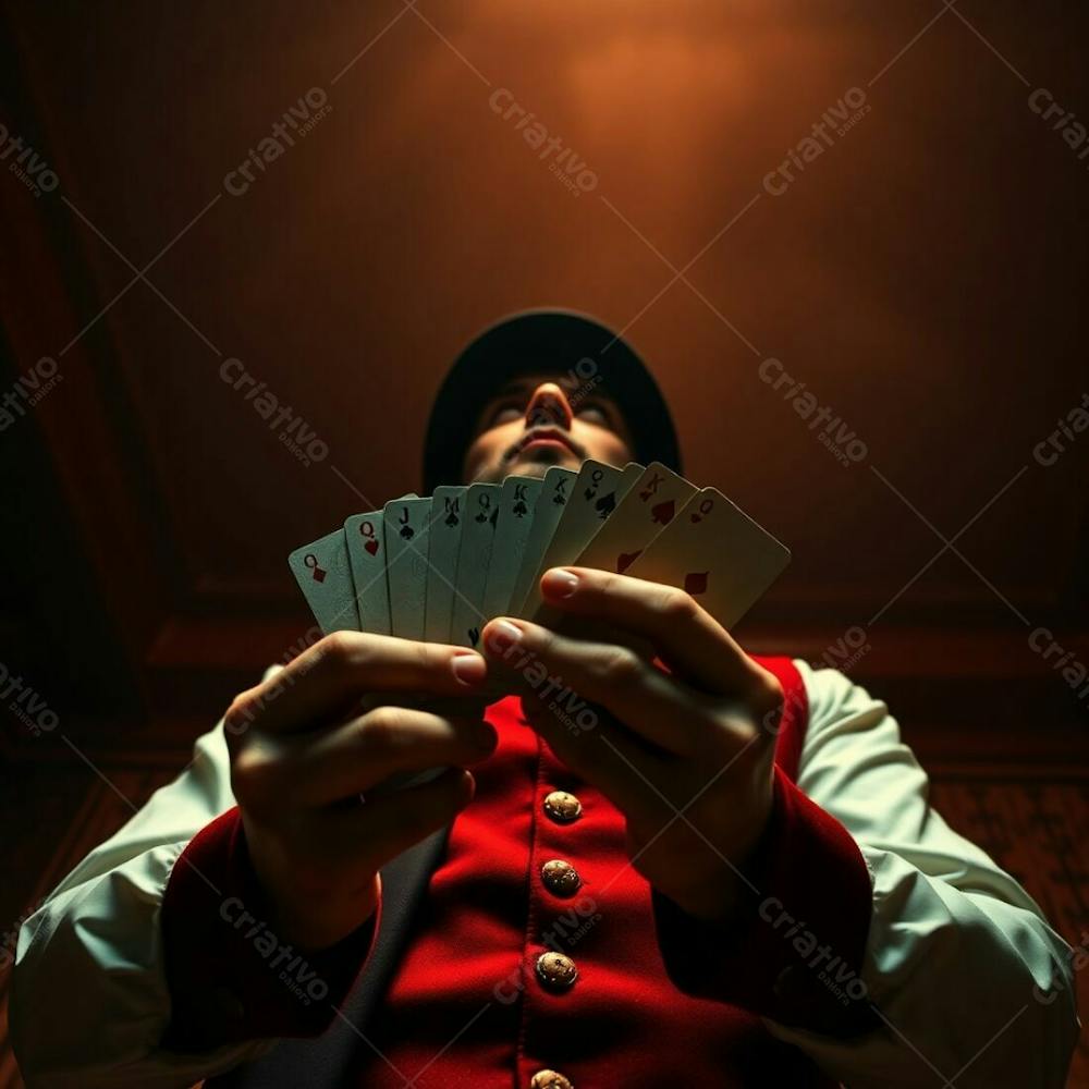 Low Angle Perspective A Man In Magician&#39;S Attire, Holding Playing Cards, Warm Terracotta And Cool Teal. Chiaroscuro Lighting, Strong Contrasts, Deep Shadows, Earthy And Cool Contrast, Looking Up, Dramatic. High Resolution Stock P