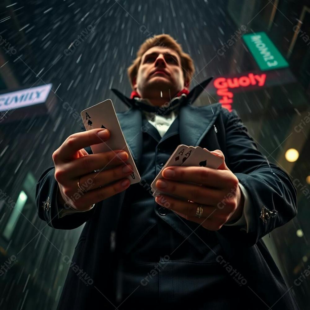 Low Angle Perspective A Man In Magician&#39;S Attire, Holding Playing Cards, Wet Rainy Scene. Drizzling Rain, Reflective Surfaces, Looking Up, Dramatic. High Resolution Stock Photo. Commercial, Professional Quality