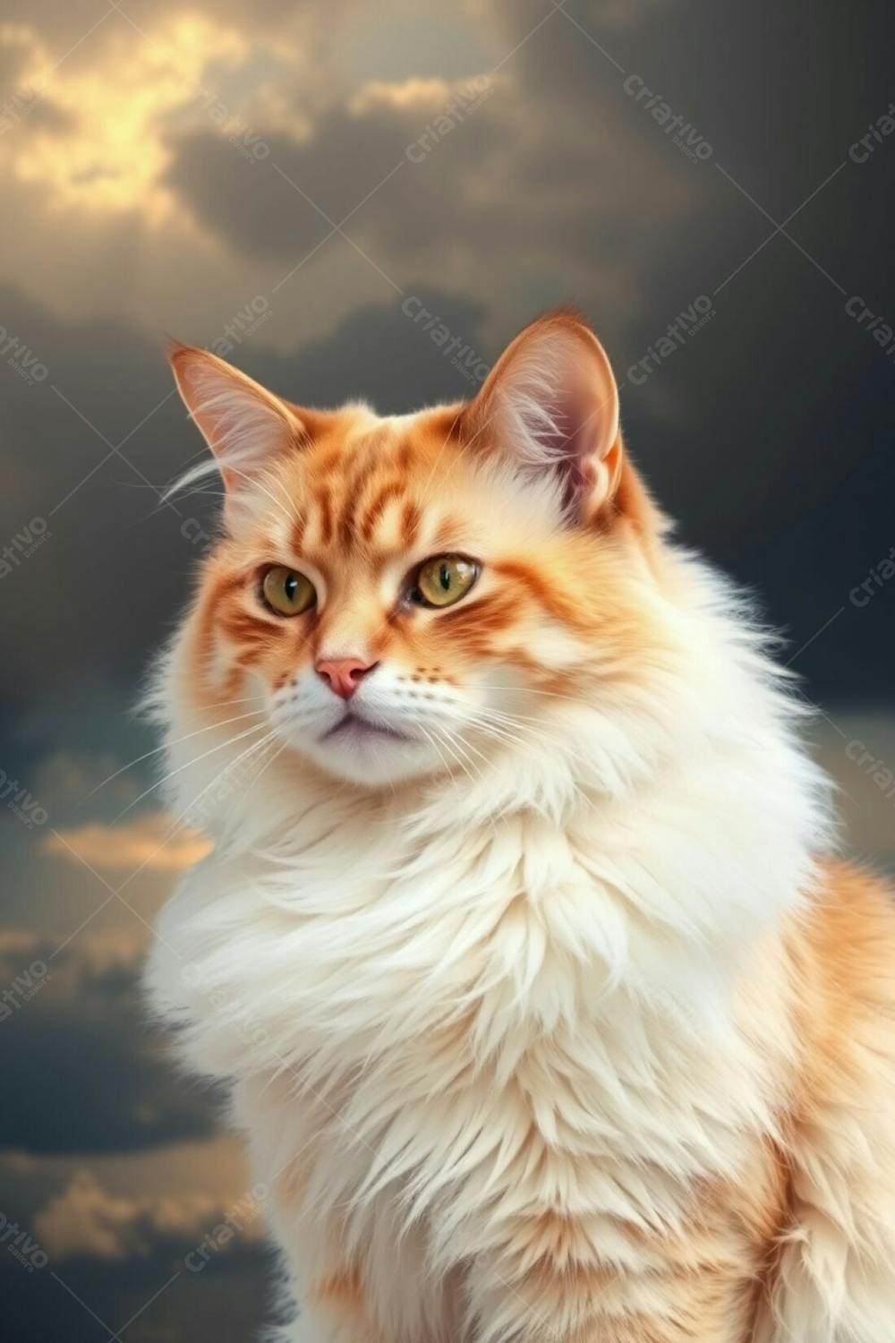 A Full Hd Image Of A Beautiful Pet Cat, Radiant And Luxurious, With Refined Features, Posed Gracefully Against A Stormy Sky With A Warm Golden Glow