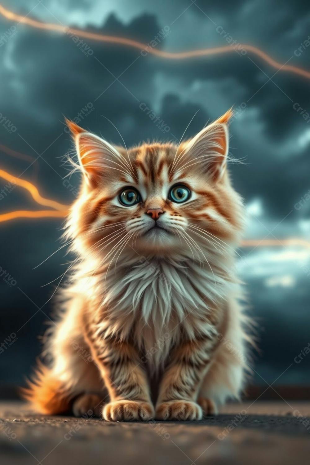 A Full Hd Photorealistic Image Of A Cute Fluffy Pet Cat With Refined Features, Radiant And Luxurious Fur, Graceful And Elegant Pose. The Background Is A Dramatic Stormy Sky With Warm Golden Light Trails From A Lo