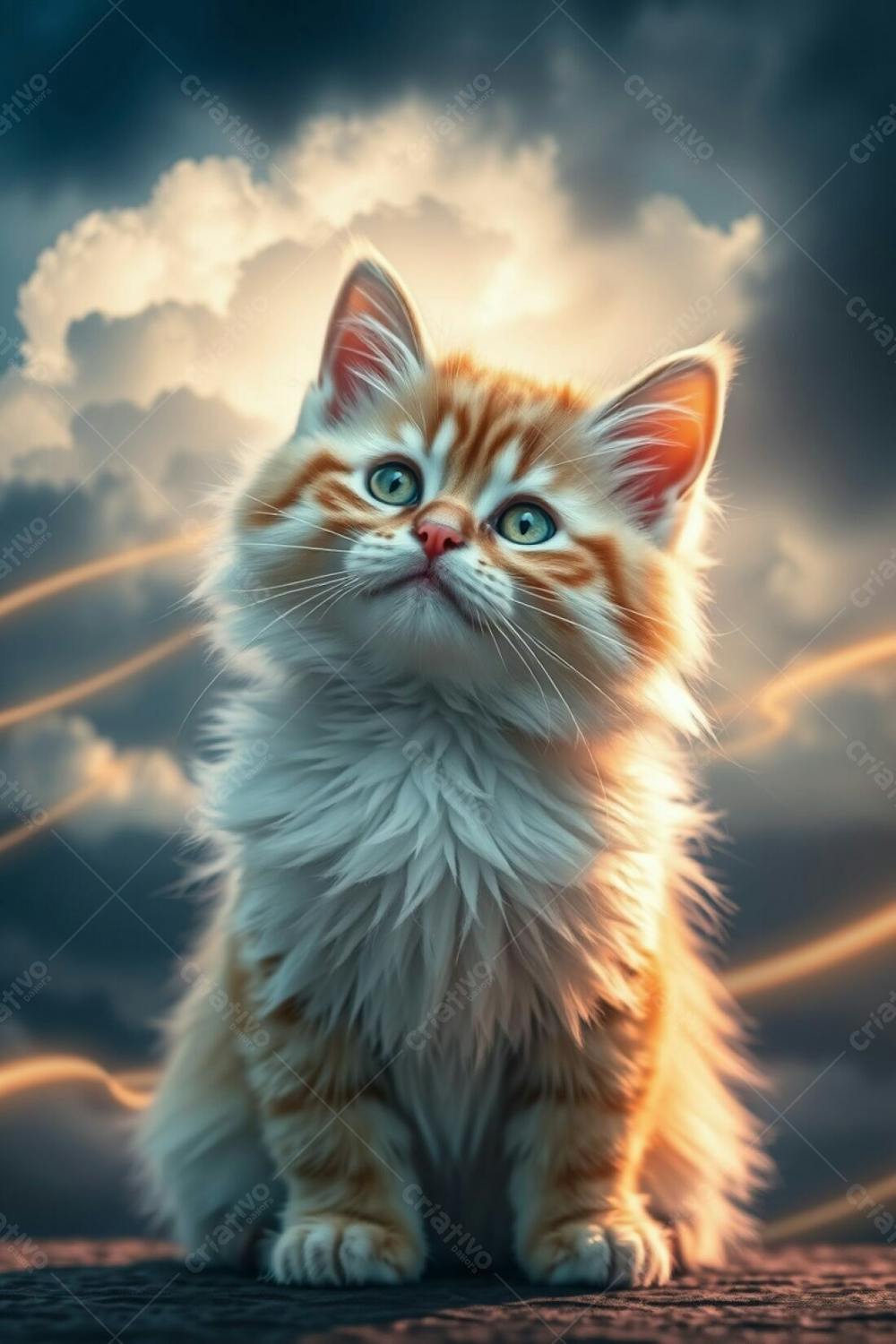 A Full Hd Photorealistic Image Of A Cute Fluffy Pet Cat With Refined Features, Radiant And Luxurious Fur, Graceful And Elegant Pose. The Background Is A Dramatic Stormy Sky With Warm Golden Light Trails From A Lo