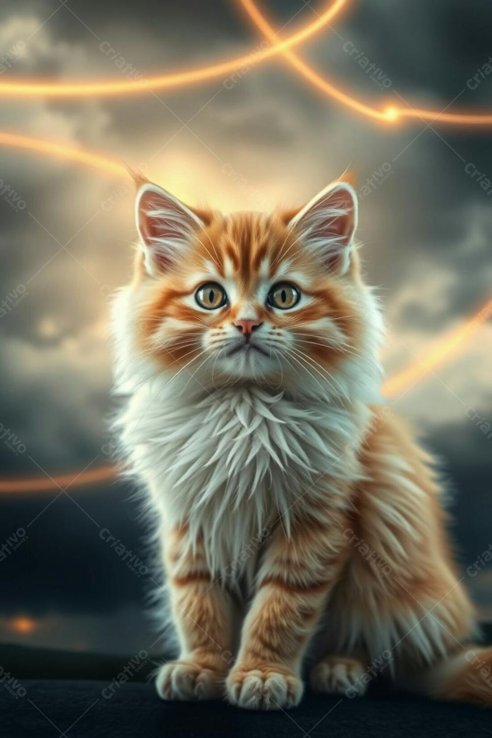 A Full Hd Photorealistic Image Of A Cute Fluffy Pet Cat With Refined Features, Radiant And Luxurious Fur, Graceful And Elegant Pose. The Background Is A Dramatic Stormy Sky With Warm Golden Light Trails From A Lo