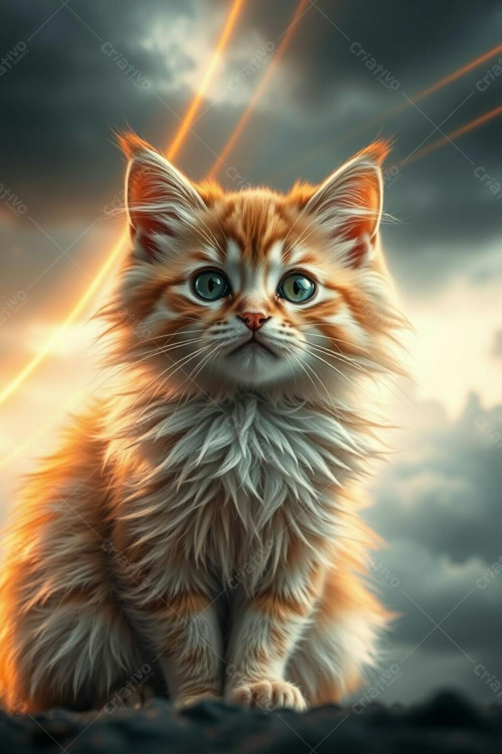 A Full Hd Photorealistic Image Of A Cute Fluffy Pet Cat With Refined Features, Radiant And Luxurious Fur, Graceful And Elegant Pose. The Background Is A Dramatic Stormy Sky With Warm Golden Light Trails From A Lo