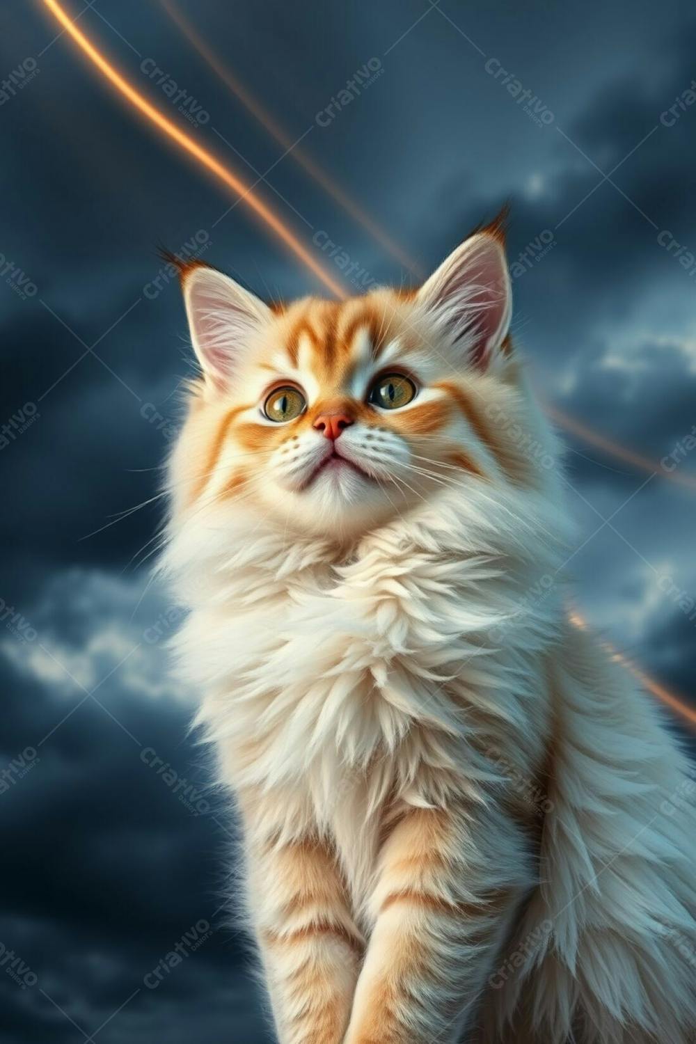 A Full Hd Photorealistic Image Of A Cute Fluffy Pet Cat With Refined Features, Radiant And Luxurious Fur, Graceful And Elegant Pose. The Background Is A Dramatic Stormy Sky With Warm Golden Light Trails From A Lo