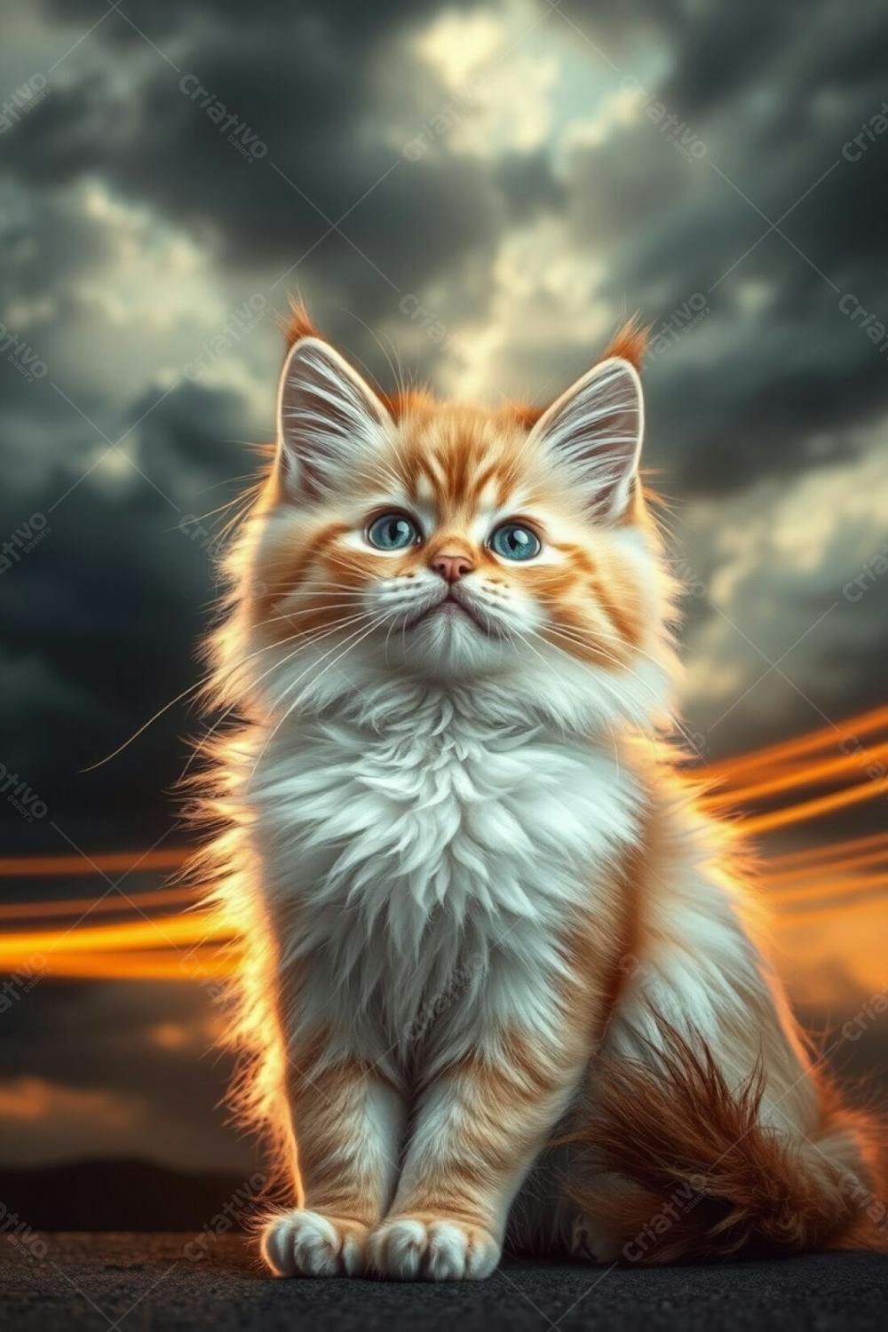 A Full Hd Photorealistic Image Of A Cute Fluffy Pet Cat With Refined Features, Radiant And Luxurious Fur, Graceful And Elegant Pose. The Background Is A Dramatic Stormy Sky With Warm Golden Light Trails From A Lo