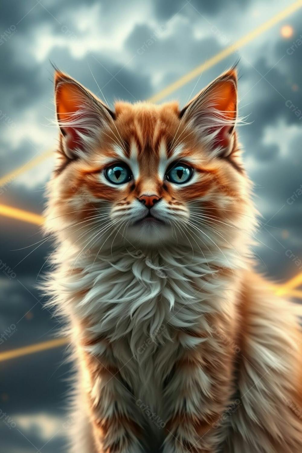 A Full Hd Photorealistic Image Of A Cute Fluffy Pet Cat With Refined Features, Radiant And Luxurious Fur, Graceful And Elegant Pose. The Background Is A Dramatic Stormy Sky With Warm Golden Light Trails From A Lo