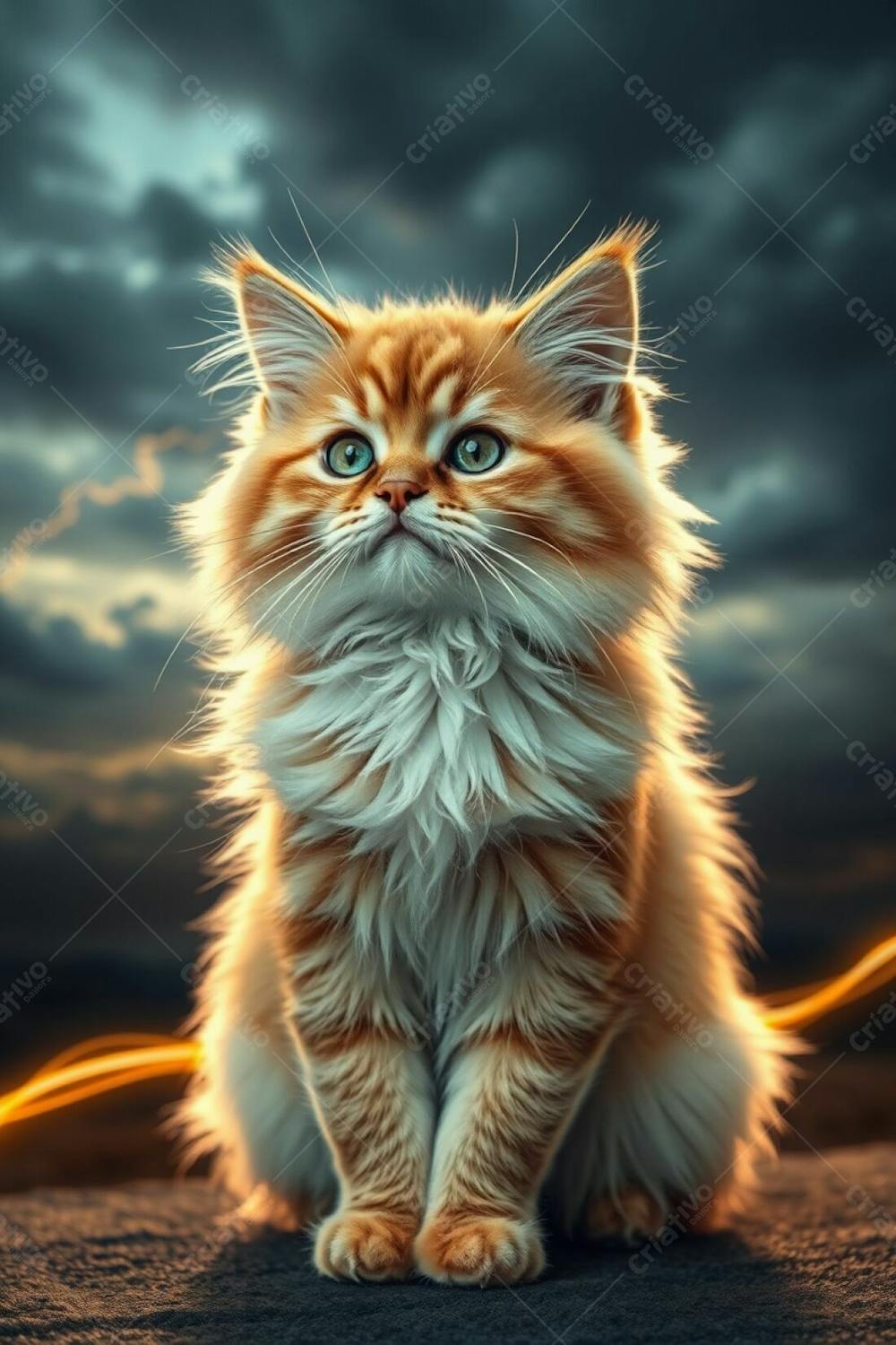 A Full Hd Photorealistic Image Of A Cute Fluffy Pet Cat With Refined Features, Radiant And Luxurious Fur, Graceful And Elegant Pose. The Background Is A Dramatic Stormy Sky With Warm Golden Light Trails From A Long E