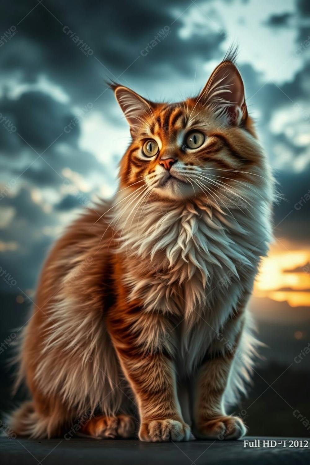 A Full Hd Realistic Image Of A Beautiful Fluffy Pet Cat With Refined Features, Radiant And Luxurious Fur, Captured In A Graceful And Elegant Pose Against A Backdrop Of A Dramatic Stormy Sky With A Warm Golden Glow, U