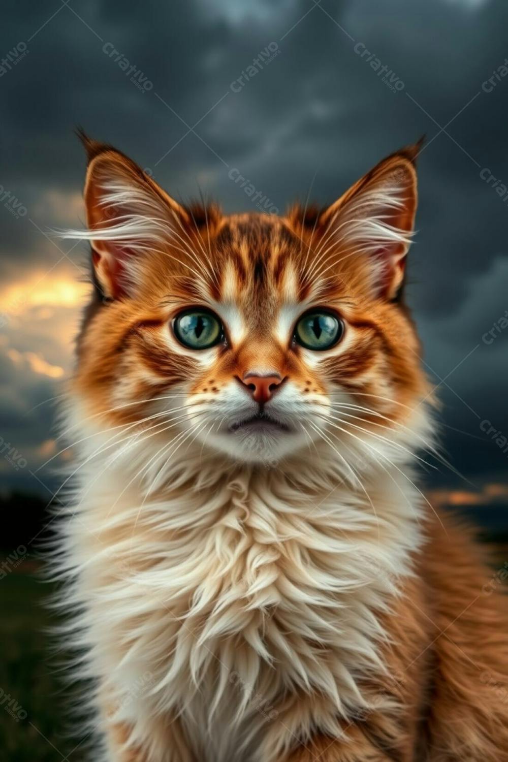 A Full Hd Realistic Image Of A Cute And Fluffy Pet Cat, Elegant And Refined Features, Radiant And Luxurious Fur, Captured With Long Exposure To Show Motion And Light Trails Against A Dramatic Stormy Sky With A Warm G