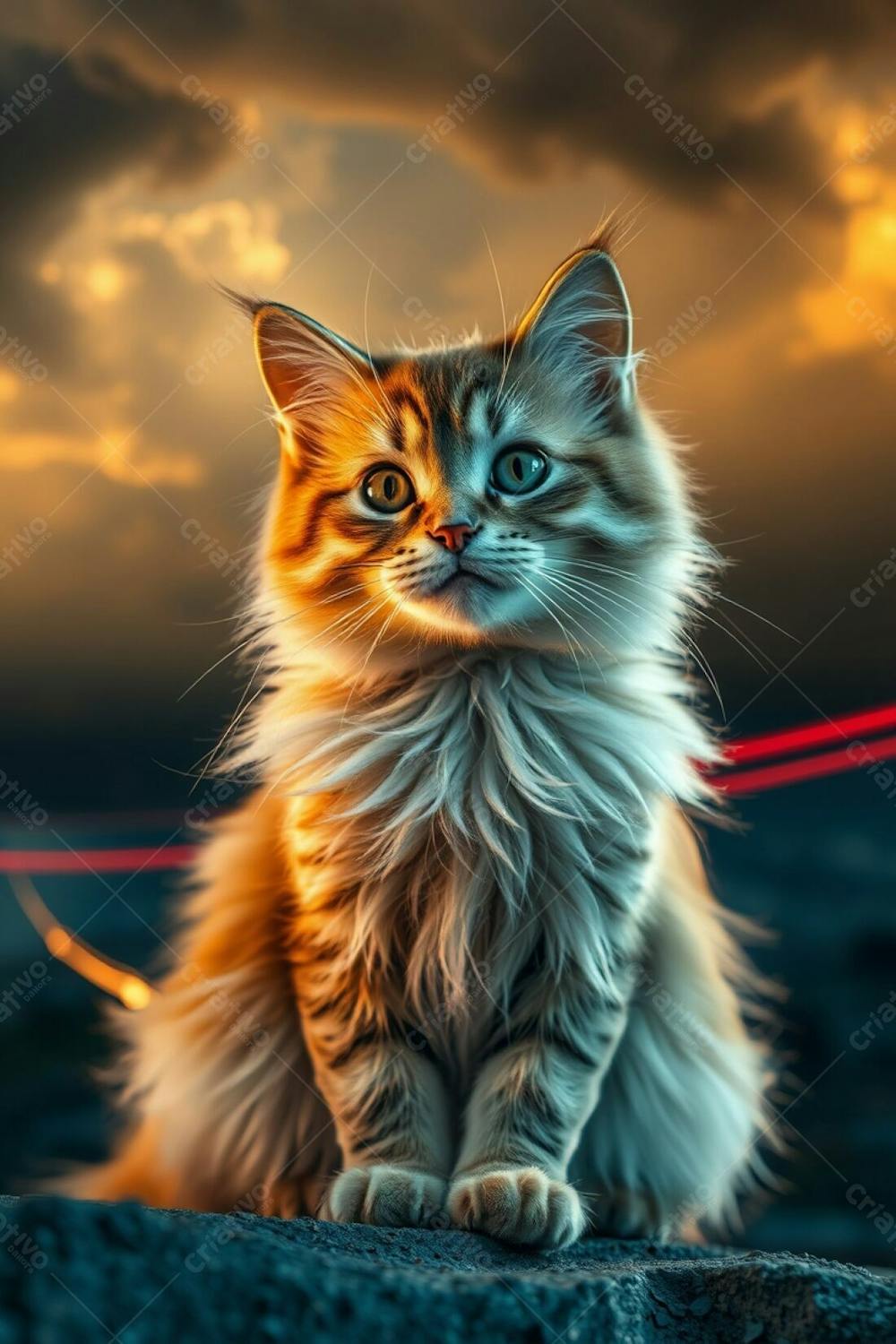 A Full Hd Realistic Image Of A Cute And Fluffy Pet Cat, Radiant And Luxurious, With Refined Features, Graceful And Elegant Pose, Captured In A Long Exposure Photograph Of Intense Dramatic Weather With Warm Golden