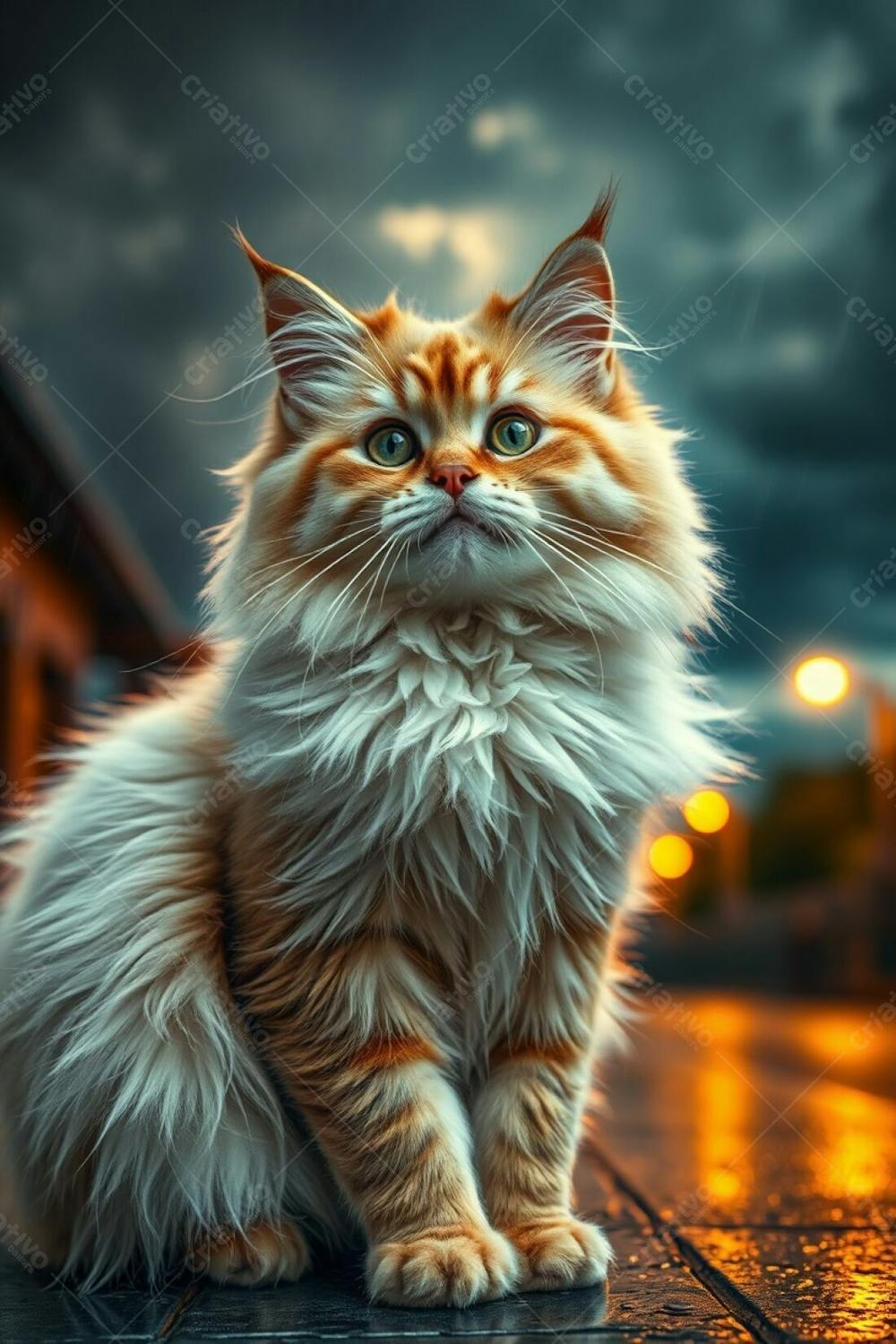 A Full Hd Realistic Image Of A Cute And Fluffy Pet Cat, Radiant And Luxurious, With Refined Features, Graceful And Elegant Pose, Captured In A Long Exposure Photograph Of Intense Dramatic Weather With Warm Golden