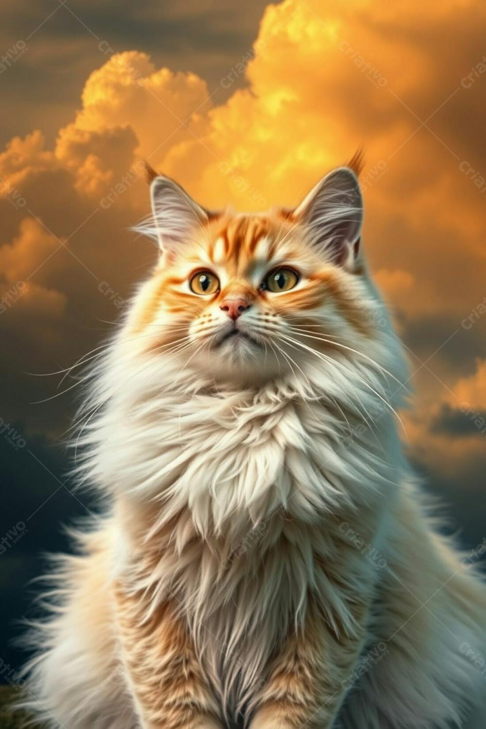 A Full Hd Realistic Image Of A Cute And Fluffy Pet Cat, Radiant And Luxurious, With Refined Features, Graceful And Elegant Pose, Captured In A Long Exposure Photograph Of Intense Dramatic Weather With Warm Golden