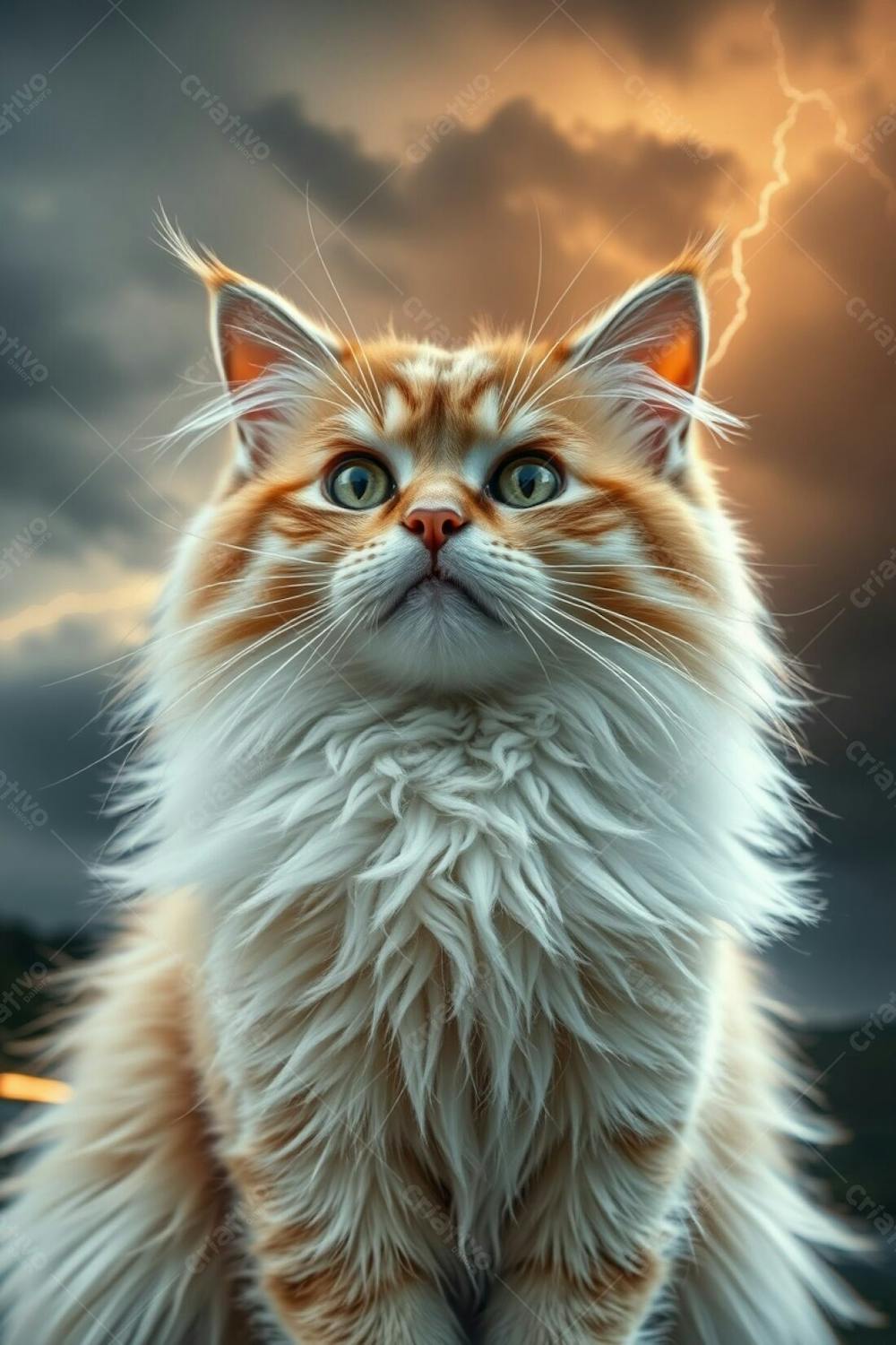 A Full Hd Realistic Image Of A Cute And Fluffy Pet Cat, Radiant And Luxurious, With Refined Features, Graceful And Elegant Pose, Captured In A Long Exposure Photograph Of Intense Dramatic Weather With Warm Golden