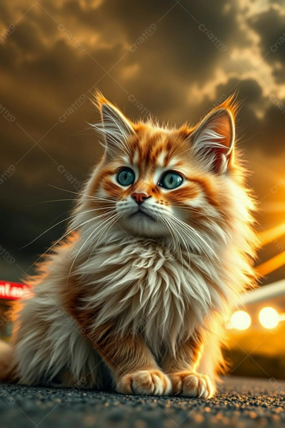 A Full Hd Realistic Image Of A Cute And Fluffy Pet Cat, Radiant And Luxurious, With Refined Features, Graceful And Elegant Pose, Captured In A Long Exposure Photograph Of Intense Dramatic Weather With Warm Golden Glo