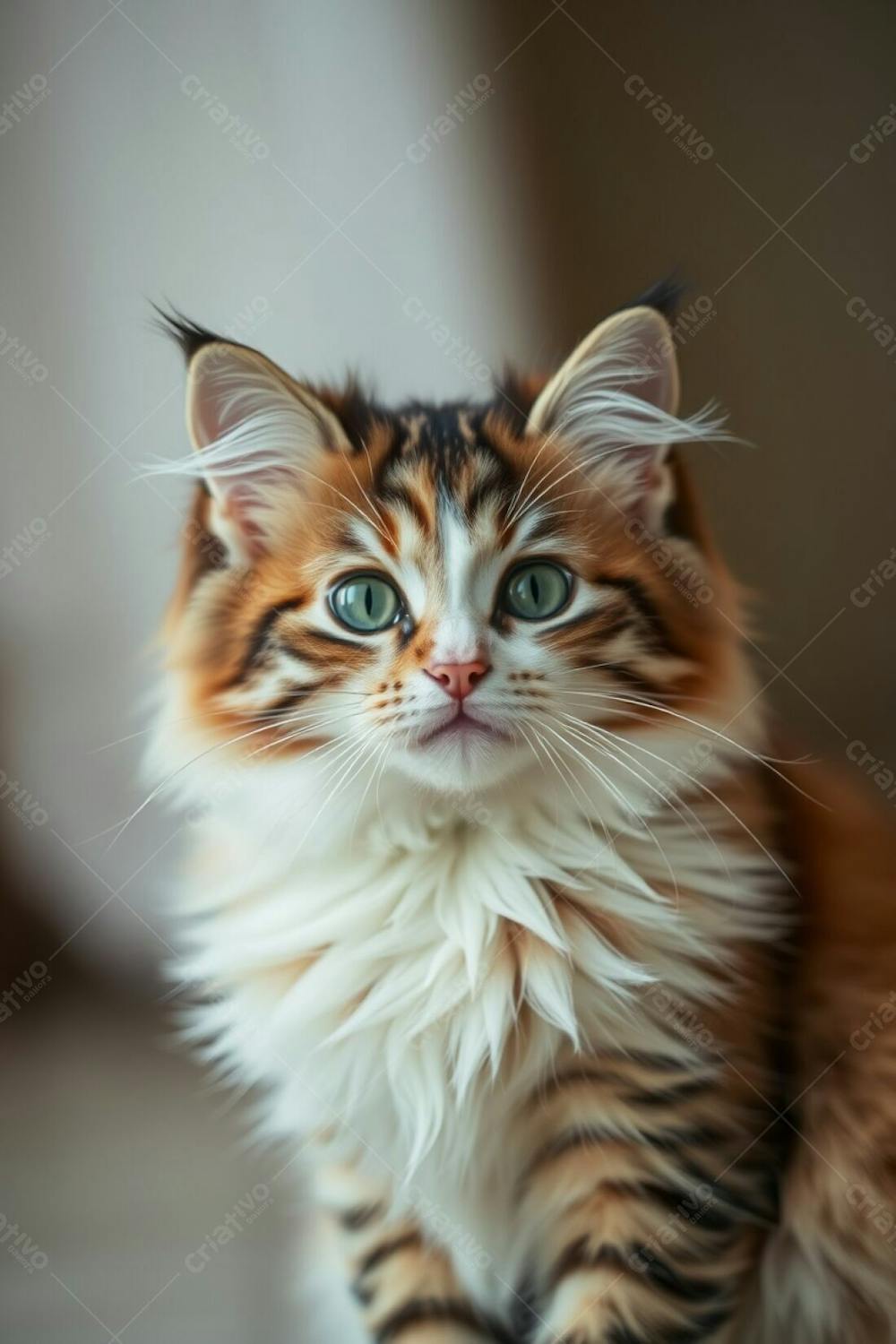 A Fullhd Realistic Image Of A Cute And Fluffy Pet Cat, Graceful And Elegant, With Refined Features. Soft Cinematic Haze, Natural Earth Tones Of Browns And Beiges, Muted Colors, Soft Focus, Hazy Background, Long