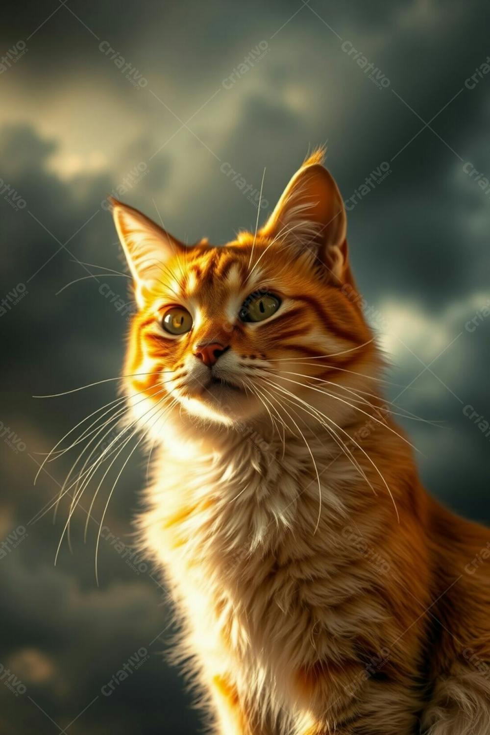 A Long Exposure Photograph Showing A Graceful And Elegant Cat With Refined Features And Radiant Luxurious Fur Against A Backdrop Of Stormy Skies. The Image Uses Warm Golden Light And Has A High Tension Aesthetic, Cap