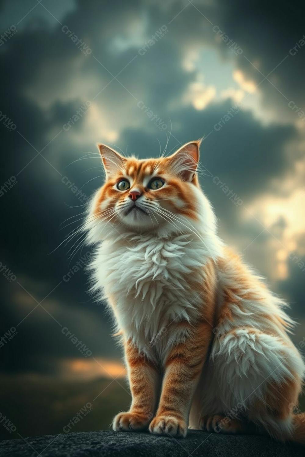 A Long Exposure Photograph Depicting Intense, Dramatic Weather; Warm Golden Light Glows Through Stormy Skies Creating High Tension. The Image Is A Full Hd Realistic Rendering Of A Beautiful, Fluffy Pet Cat With Radia