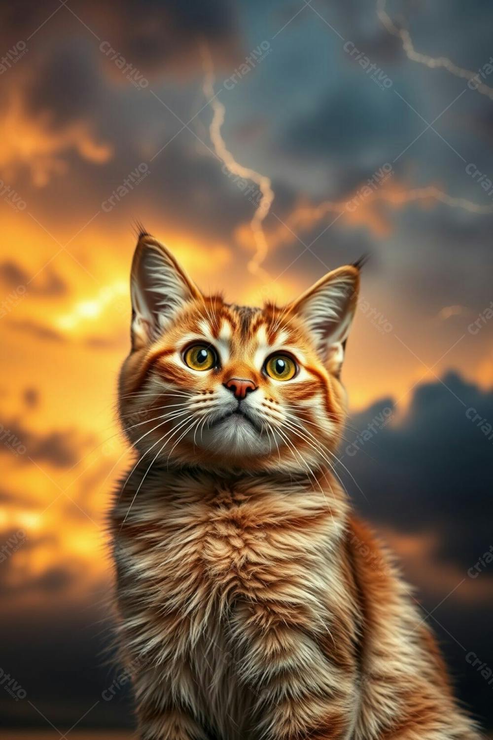 A Photorealistic Full Hd Image Of A Cute And Cuddly Pet Cat, Displaying Refined Features And A Luxurious Coat, Elegantly Posed Against A High Tension Stormy Sky, Glowing With A Warm Golden Hue, Achieved Through Long