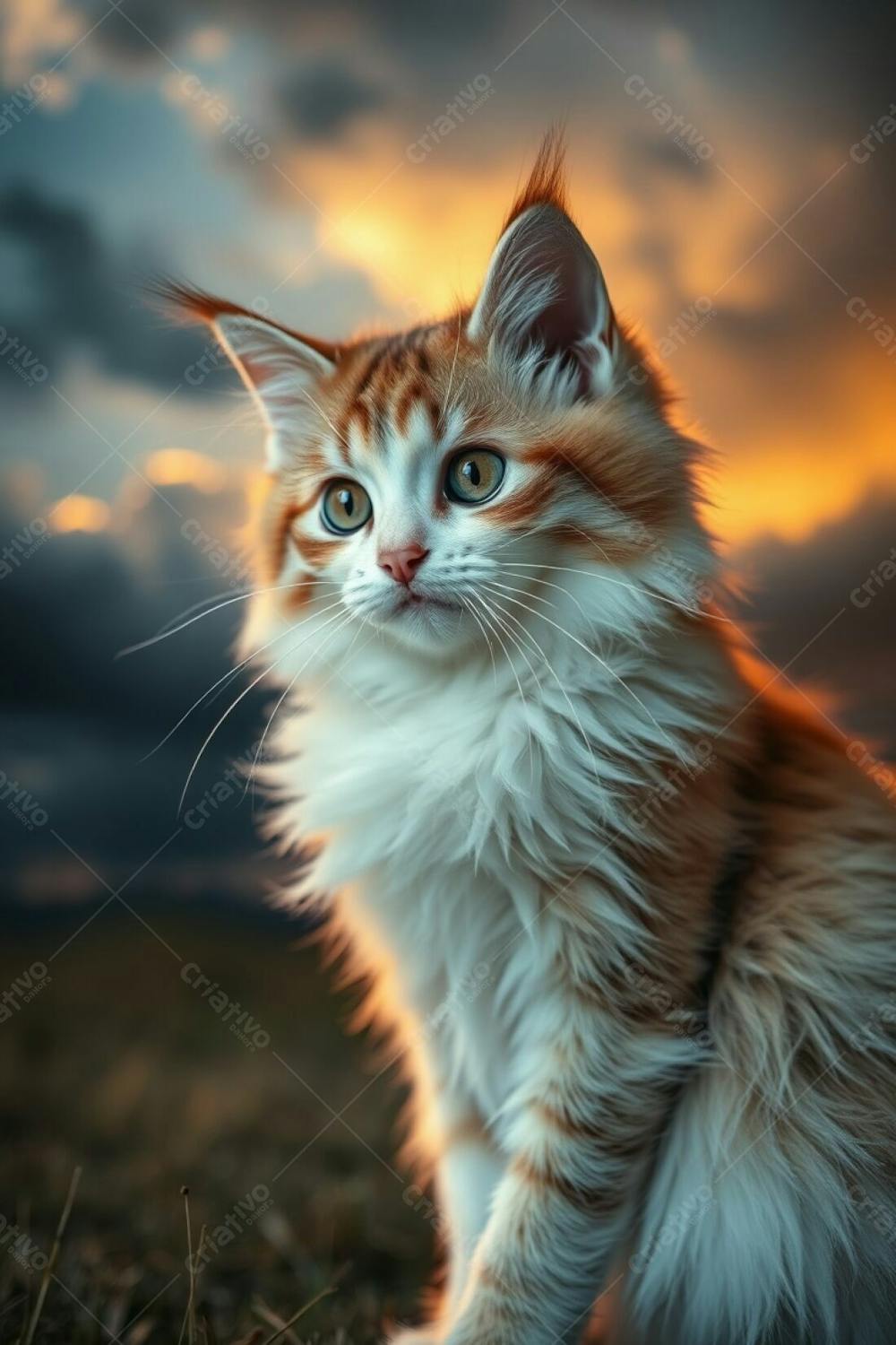 A Realistic Full Hd Image Of A Cute, Fluffy Cat With Elegant And Refined Features, Captured With Long Exposure Photography, Showing Its Graceful Movement, Set Against A Dramatic Stormy Sky With A Warm Golden Glow And