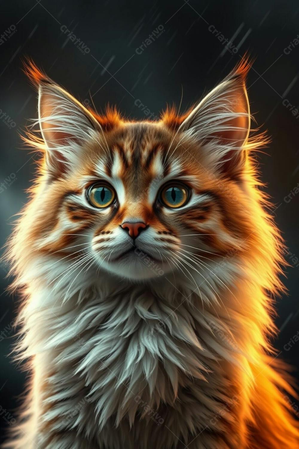 A Realistic, Full Hd Image Of A Cute And Fluffy Pet Cat, With Refined, Elegant Features, Illuminated By A Warm Golden Glow In A Dramatic, Stormy Setting