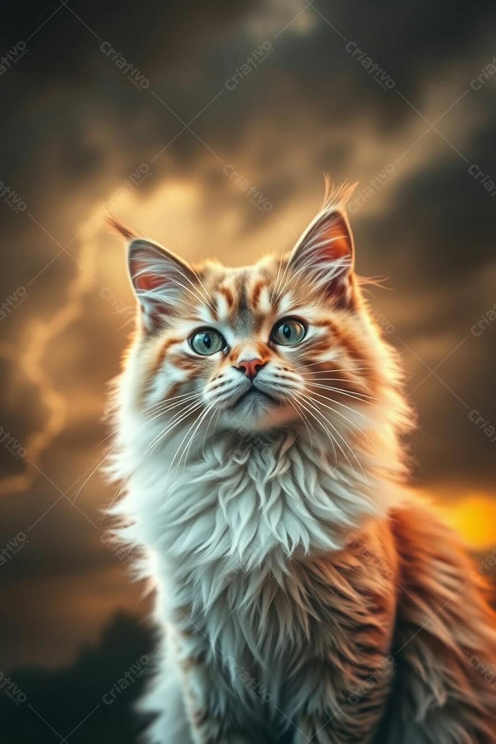 Full Hd Image Of An Adorable Fluffy Cat, Radiant And Luxurious, Displaying Refined Features And An Elegant Pose, Against A Background Of Intense Dramatic Stormy Weather, Bathed In A Warm Golden Light, Captured Using