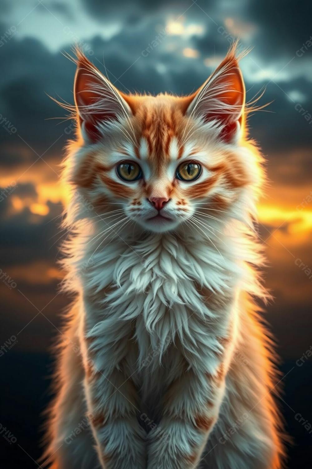 Full Hd Photorealistic Image Of A Cute And Fluffy Pet Cat, Showcasing Refined Features, Radiant Luxurious Fur, And A Graceful Elegant Pose. The Background Is A Dramatic Stormy Sky With A Warm Golden Glow, Captured Wi