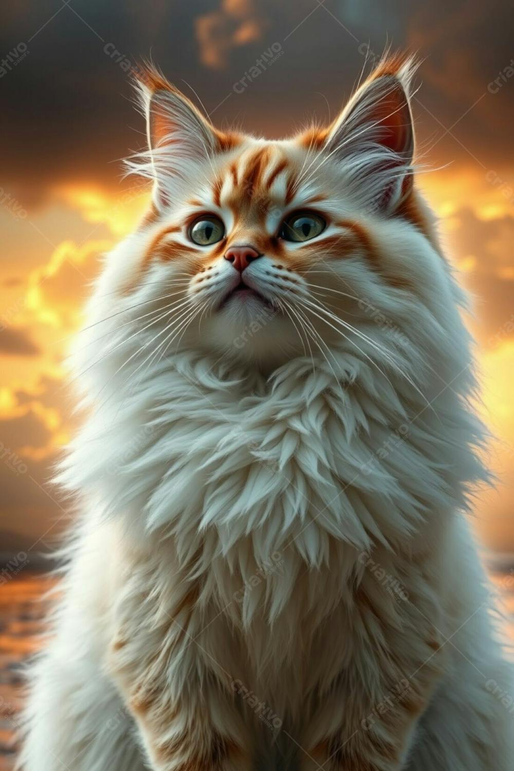 Full Hd Realistic Image A Cute Fluffy Pet Cat, Radiant And Luxurious, With Refined Features And Graceful Elegant Posture. Dramatic Stormy Skies, Warm Golden Glow Background