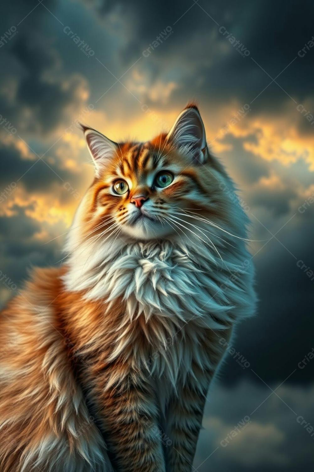 Full Hd Realistic Image A Gorgeous, Fluffy Pet Cat, Radiant And Luxurious, With Refined Features, Gracefully Posed Against A Background Of Dramatic Stormy Skies Glowing With A Warm Golden Light, Captured Using Long E