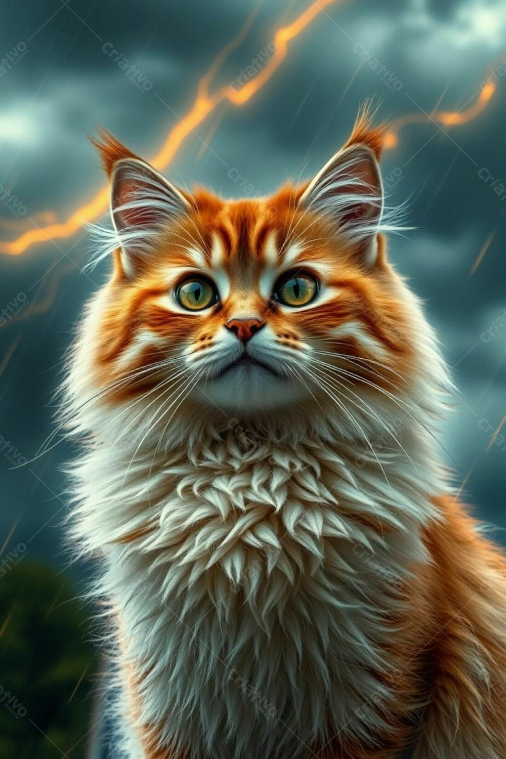 Full Hd Realistic Image Of A Cute Fluffy Pet Cat, Radiant And Luxurious, With Refined Features. The Background Features Intense Dramatic Weather With Warm Golden Light Trails And Stormy Skies, Captured With A Long E