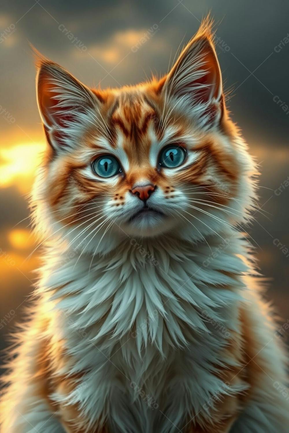 Full Hd Realistic Image Of A Cute, Fluffy Pet Cat. Radiant, Luxurious Fur. Refined Features, Elegant And Graceful Posture. Stormy Skies, Warm Golden Glow Background