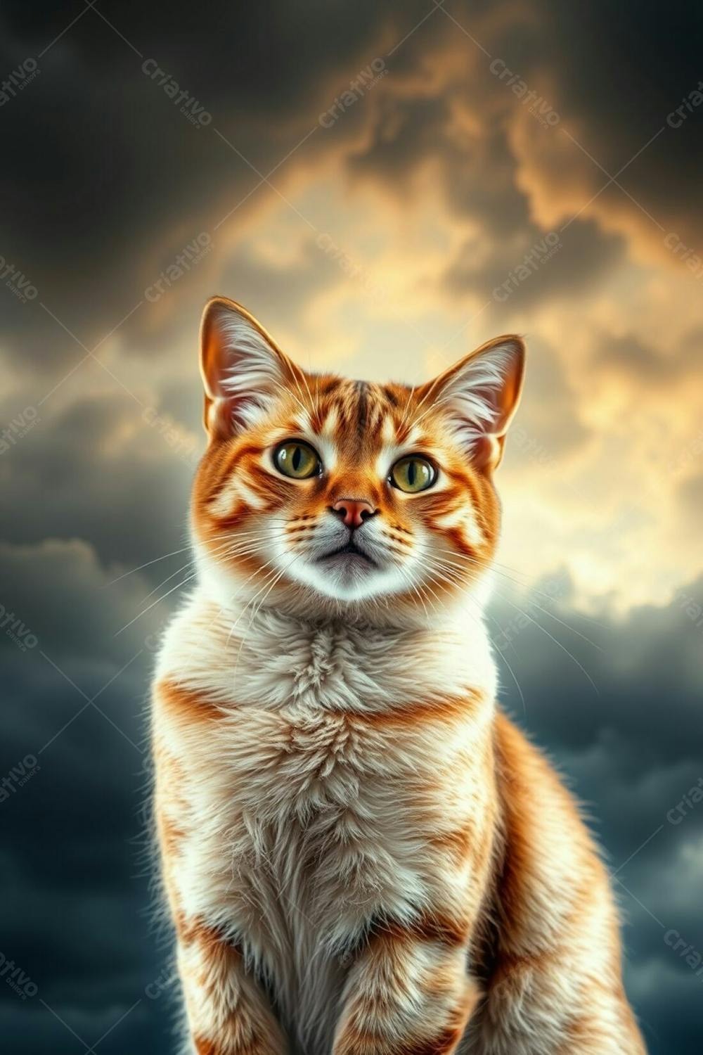 Full Hd Realistic Image Of A Gorgeous Pet Cat, Radiant Fur, Refined Features, Graceful And Elegant Pose. The Background Is A Long Exposure Shot Of Dramatic Stormy Skies With Warm Golden Light, Creating Light Trails