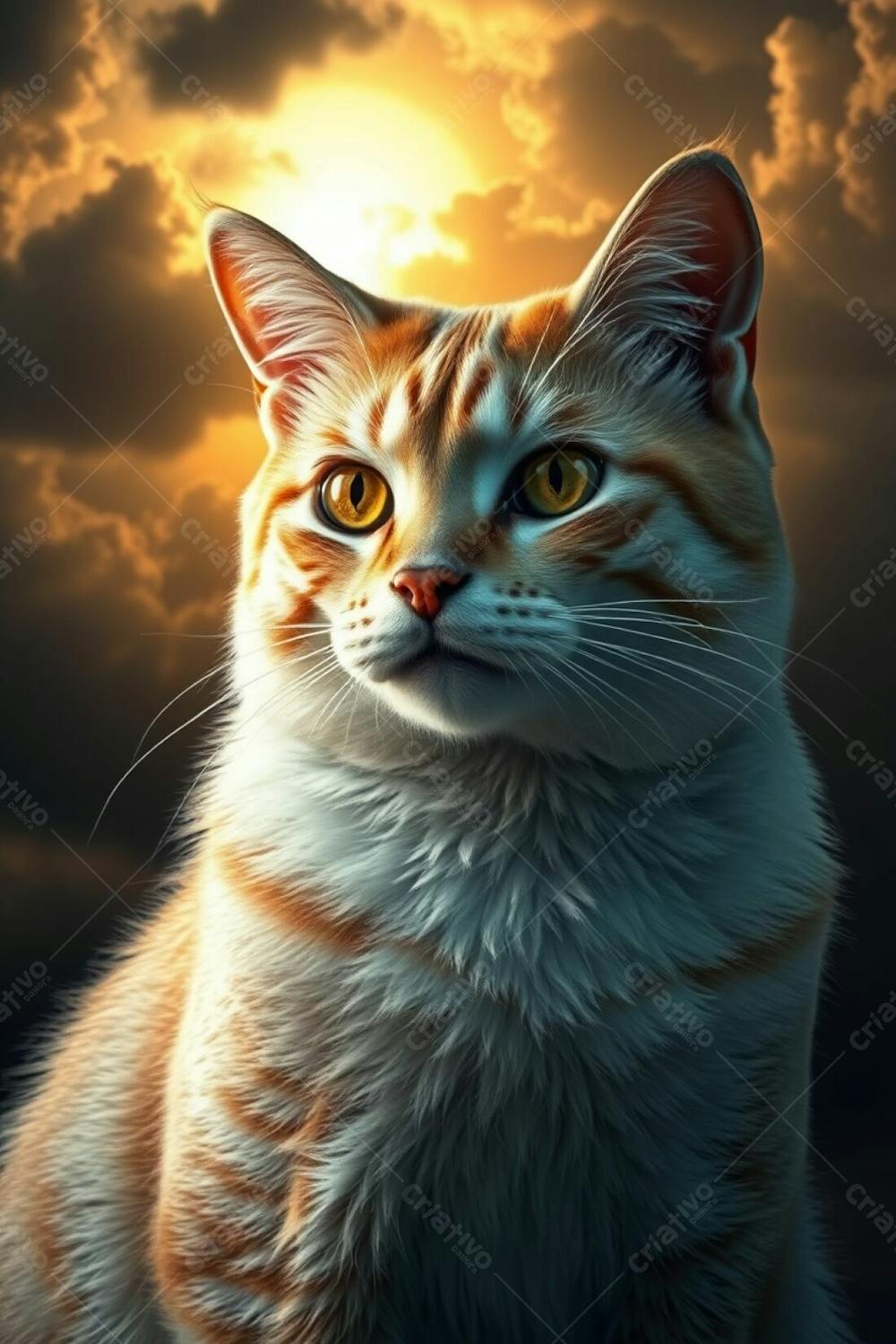 Full Hd Realistic Image Of A Graceful, Elegant Cat With Refined Features. Radiant Luxurious Fur. The Background Features Dramatic Stormy Skies With A Warm Golden Glow. High Tension Atmosphere