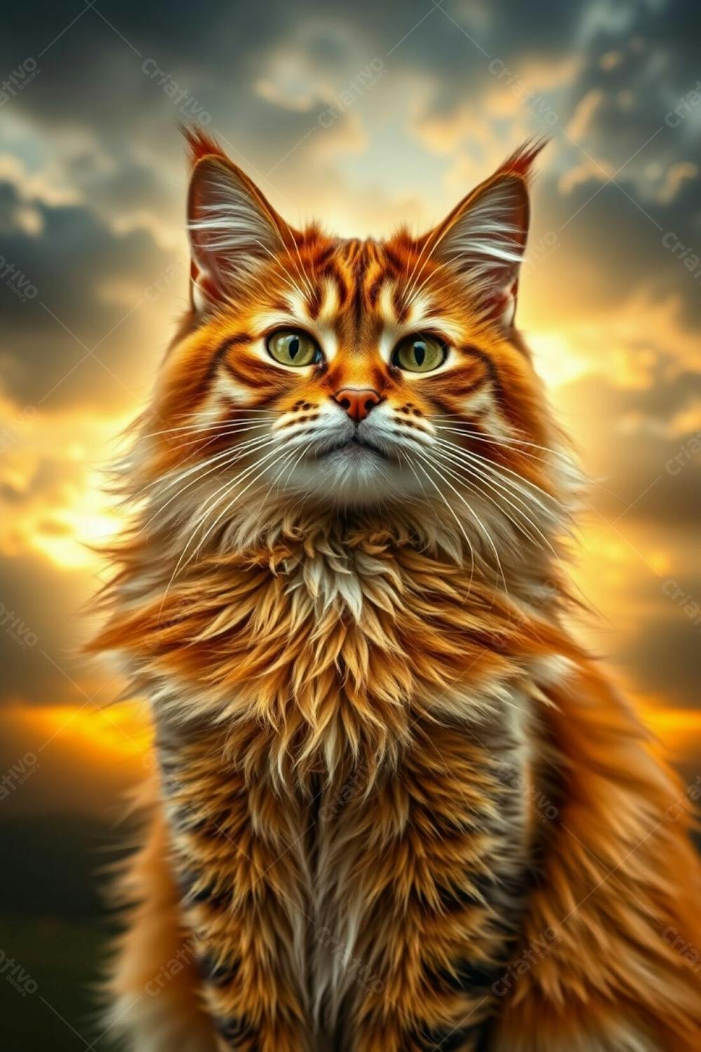 Full Hd Realistic Image Of An Adorable Pet Cat, Radiant Luxurious Fur, Refined Features, In A Graceful Pose. Background Dramatic Stormy Sky With Warm Golden Glow, Captured Using Long Exposure Photography To Highligh