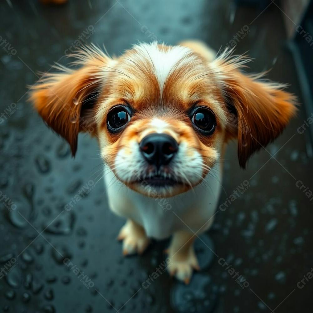 High Resolution Stock Photo High Angle Perspective Of A Cute Pet, Full Hd, Realistic, Commercial Quality. Wet Rainy Scene, Drizzling Rain, Reflective Surfaces