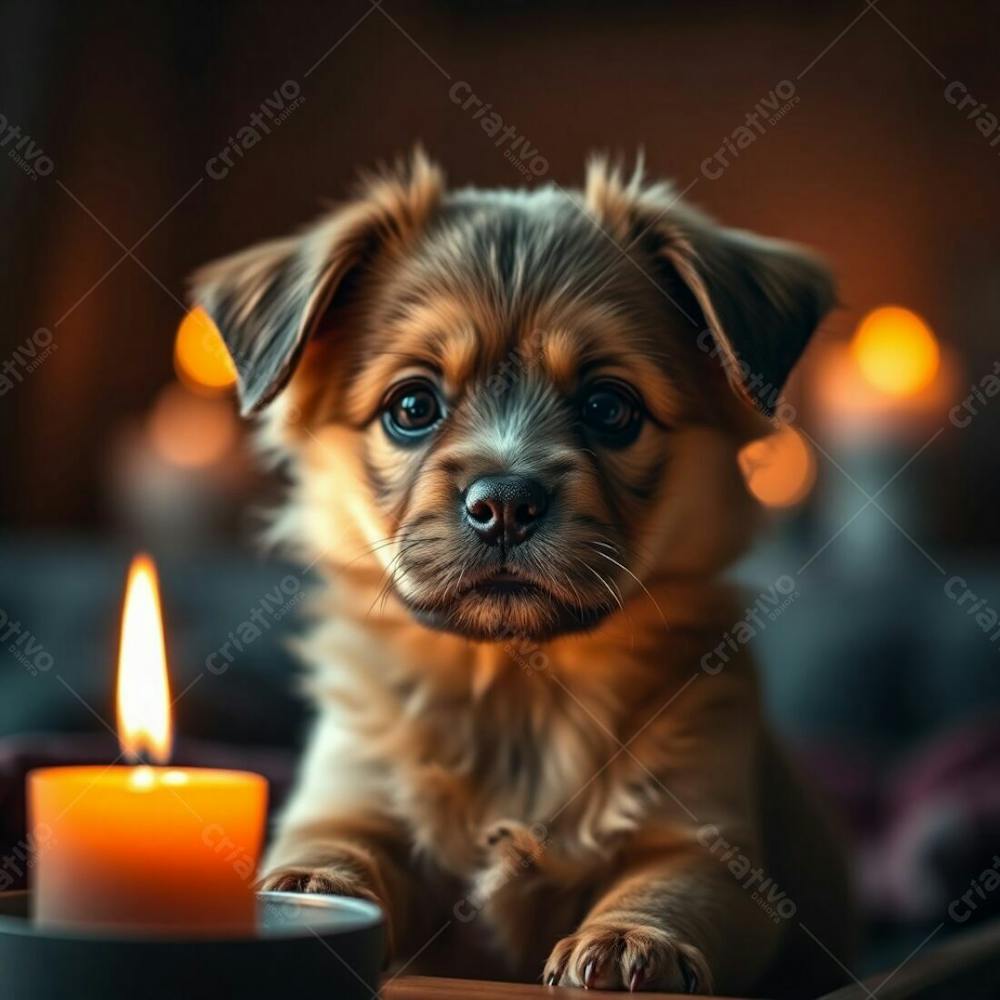 High Resolution Stock Photo Of An Adorable Pet, Full Hd, Realistic, Commercial Quality. Strong Moody Style, Warm Candlelight, Flickering Flames, Warm Glow, Low Contrast