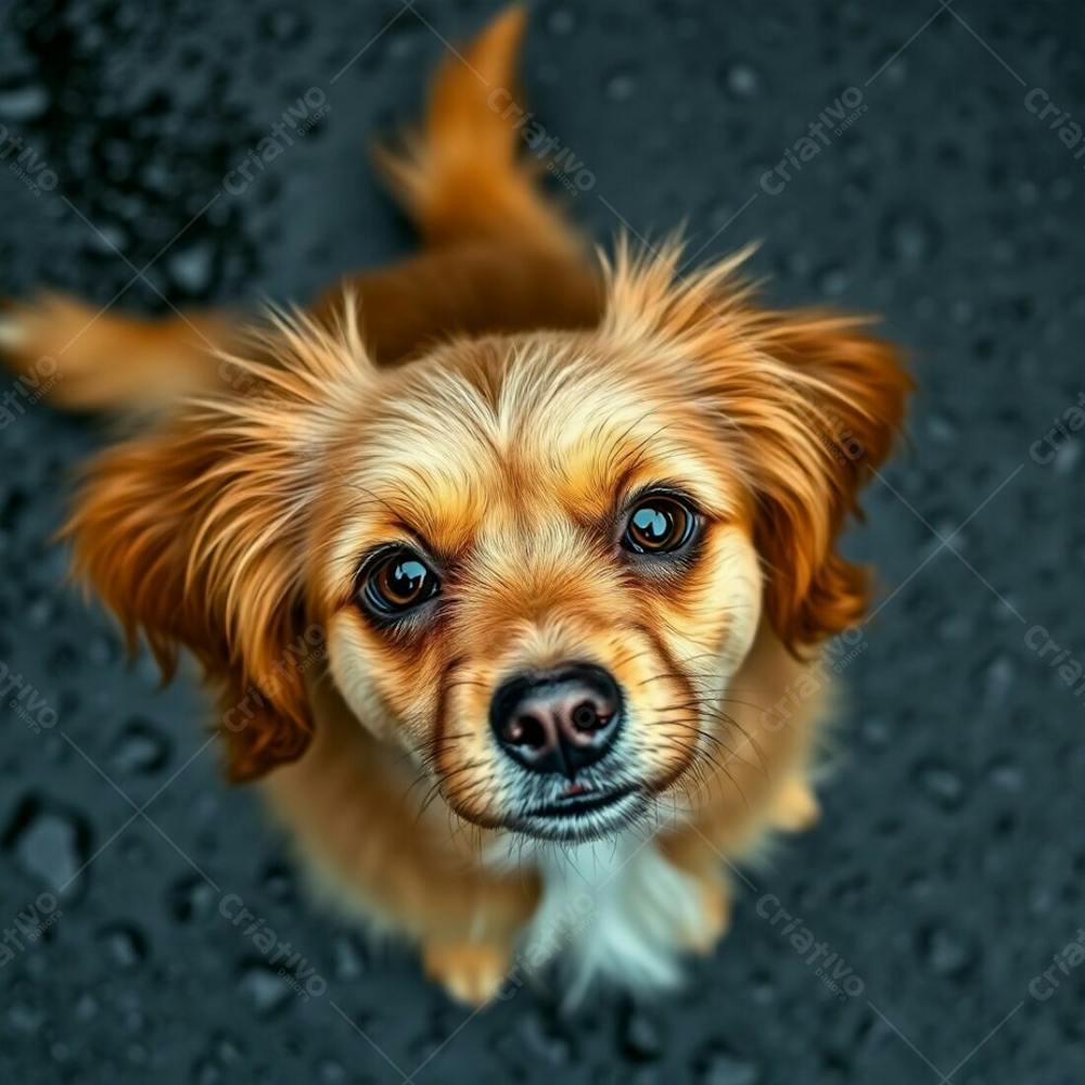 High Resolution Stock Photo, Bird’s Eye View, Wet Rainy Scene, Full Hd Realistic Image Of A Cute Pet, Commercial Quality, Top Down Perspective, Drizzling Rain Reflecting On Surfaces