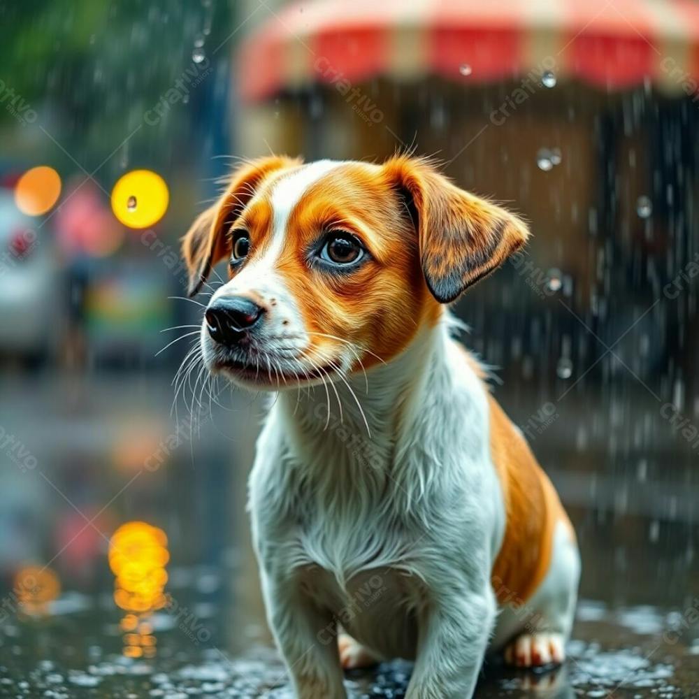 High Resolution Stock Photo, Wet Rainy Scene, Bright Vibrant Colors, Full Hd Realistic Image Of A Cute Pet, Commercial Quality, Lively And Energetic, Drizzling Rain, Reflective Surfaces