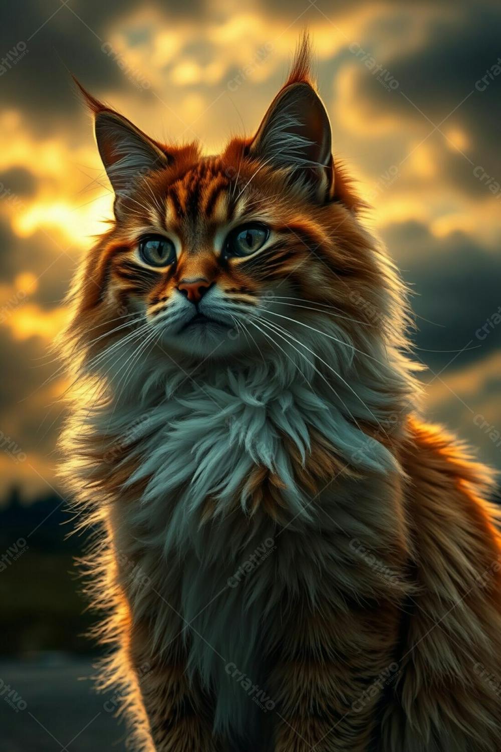 Long Exposure Photograph Depicting Intense Dramatic Weather With A Warm Golden Glow. A Full Hd Realistic Image Of A Beautiful, Fluffy Pet Cat, Radiant And Luxurious, Graceful And Elegant, Refined Features, Stormy Sk