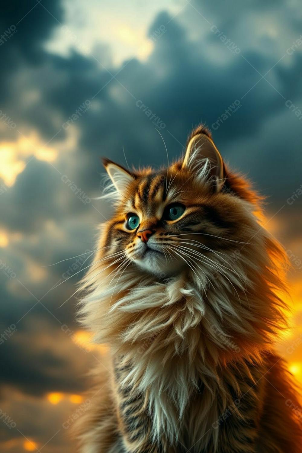 Long Exposure Photograph Of A Dramatic Stormy Sky With A Warm Golden Glow, Featuring A Cute Fluffy Cat With Refined Features And Luxurious Fur, Posing Gracefully And Elegantly, Creating A High Tension Atmosphere