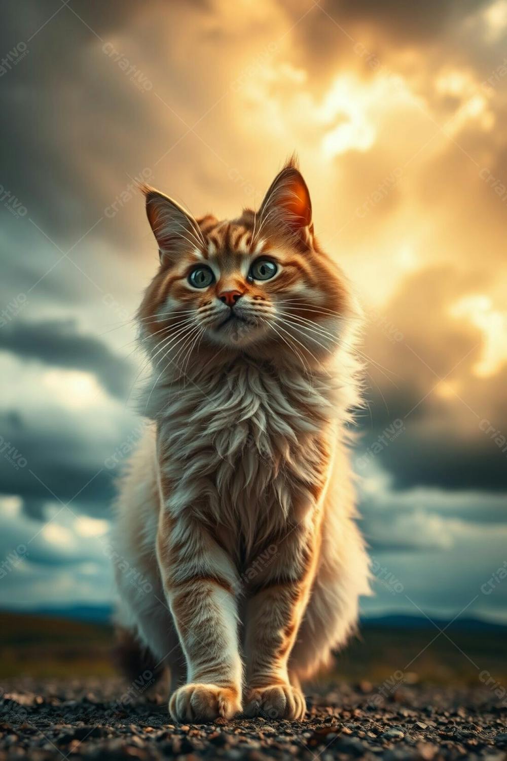 Long Exposure Photograph Of Dramatic Stormy Skies With Warm Golden Light, Creating A High Tension Atmosphere. The Image Features A Realistic Full Hd Rendering Of A Beautiful Pet Cat, Radiant And Luxurious Fur, Refin