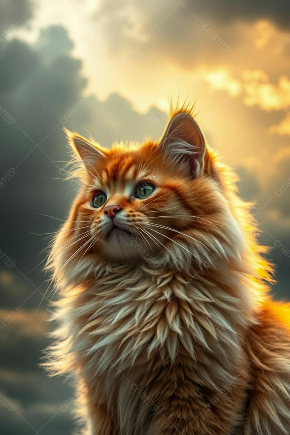 Long Exposure Photography Emphasizing Intense Dramatic Weather; Warm Golden Light Illuminates Stormy Skies. A Full Hd Realistic Image Of A Cute Fluffy Pet Cat Is The Focus, Radiant Luxurious Fur, Refined Features, G